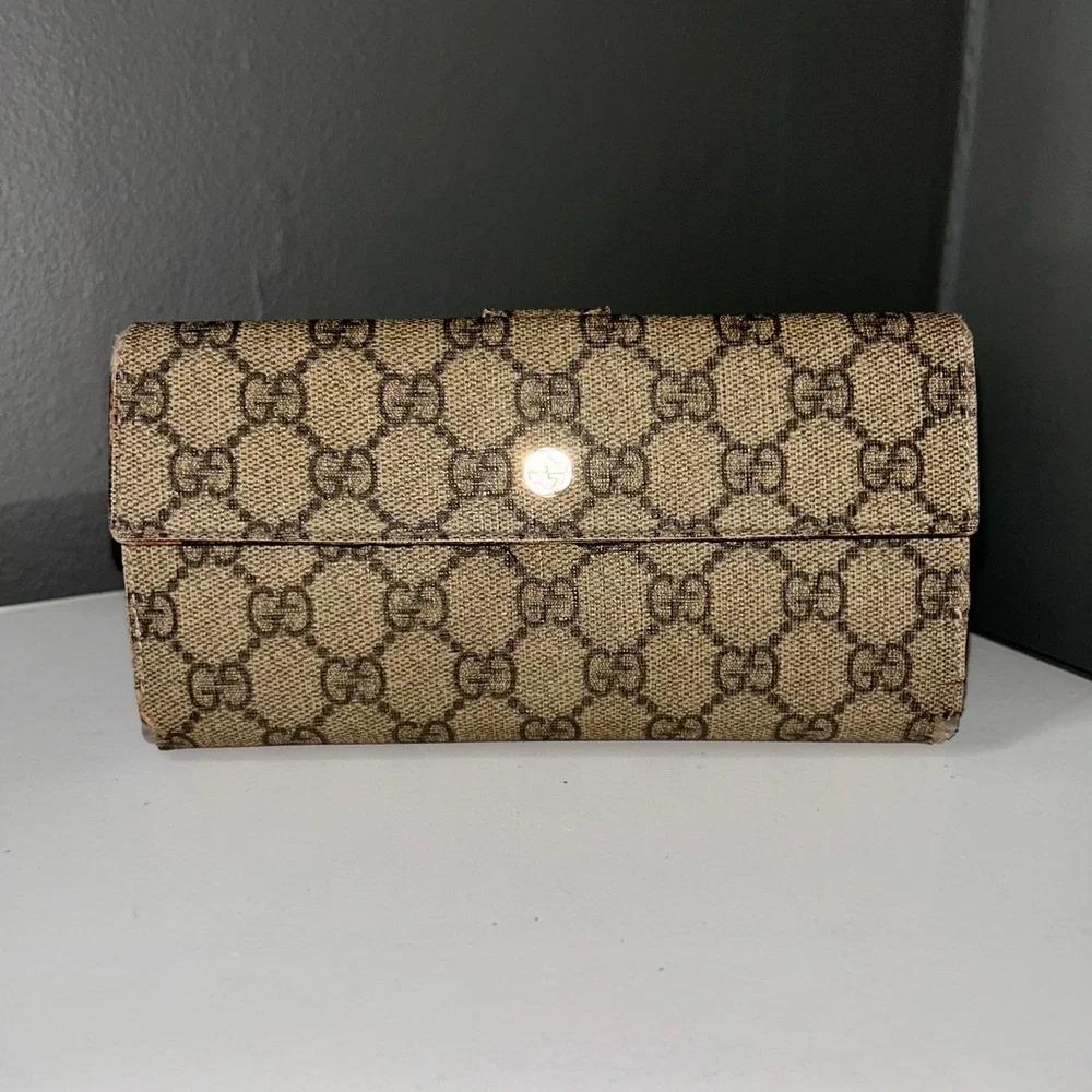 Gucci GG Coated Canvas Long Wallet w Blue Interior